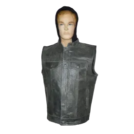 HMM914HDG Distressed Gray Motorcycle Club Leather Vest with Hood