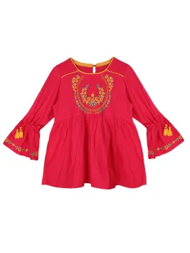 Ishin Girls Viscose Rayon Pink Embroidered Top