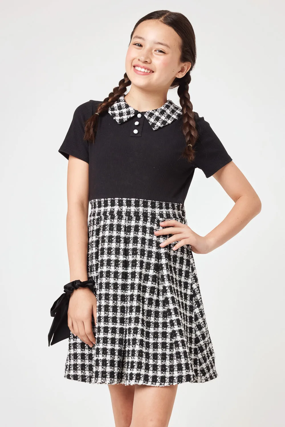 Kids Black & White Knit to Boucle Dress