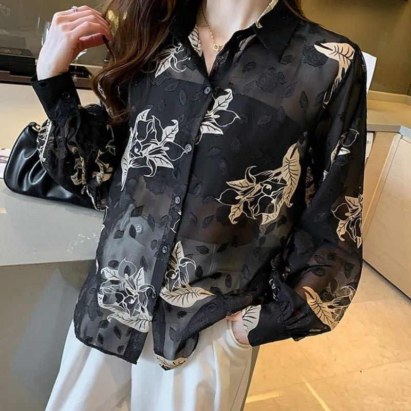 Lantern Sleeves Chiffon Floral Print Blouse