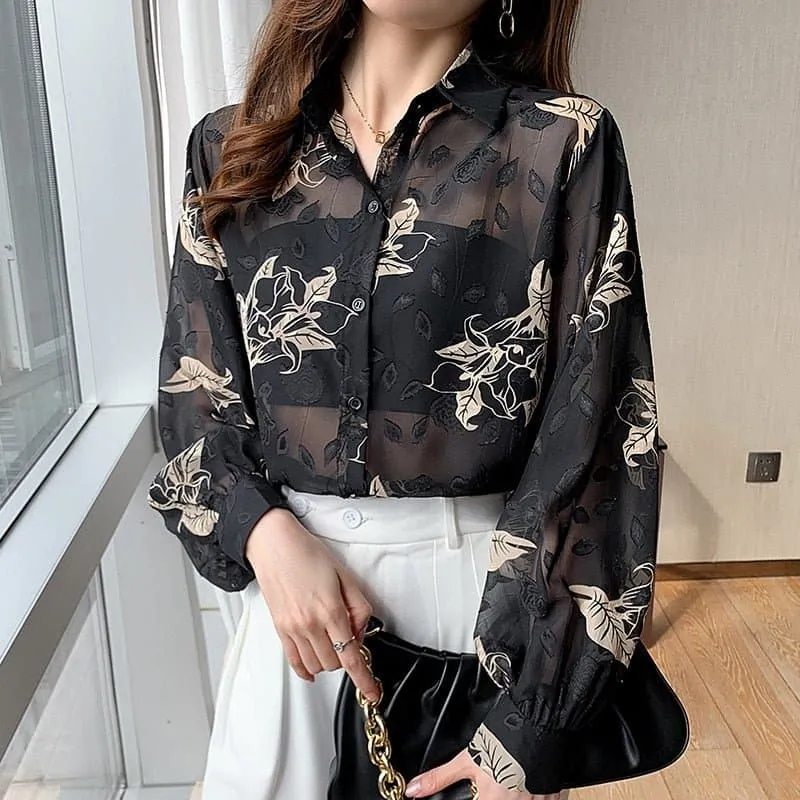 Lantern Sleeves Chiffon Floral Print Blouse