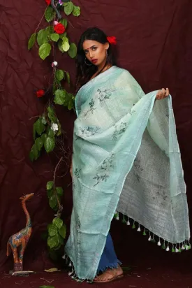 Light Green Floral Digital Printed Linen Women Dupatta