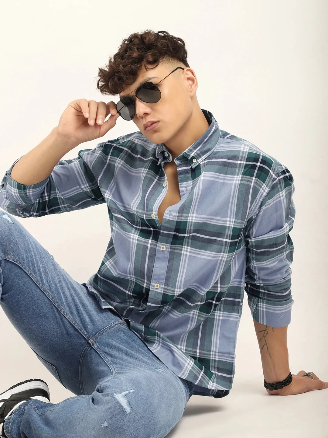 Massimou cotton Sky Blue Check Shirt