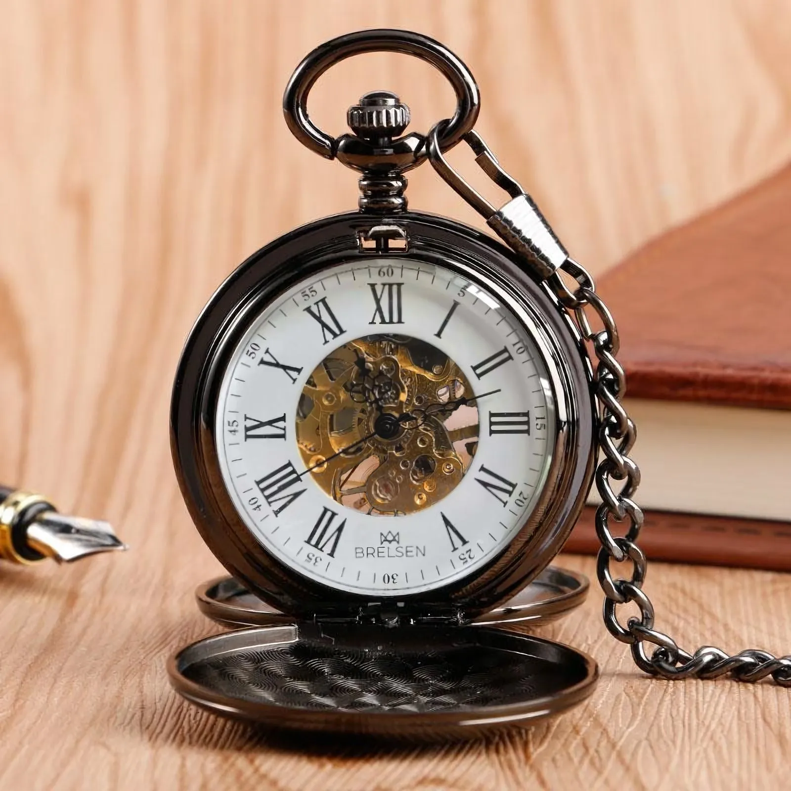 Onyx Black Double Hunter Mechanical Pocket Watch