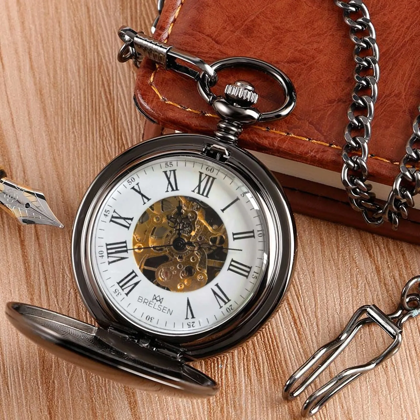 Onyx Black Double Hunter Mechanical Pocket Watch