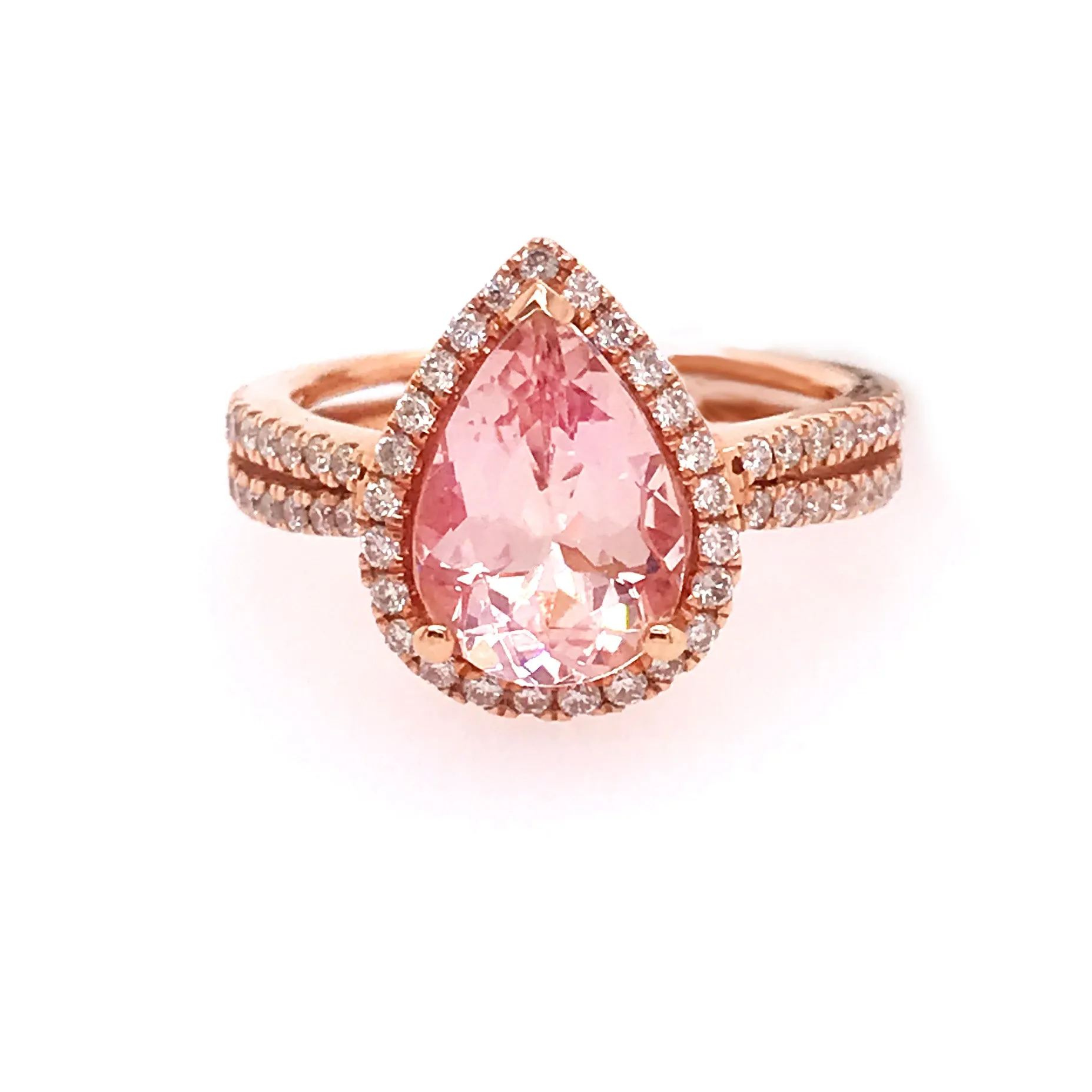 Pear Shaped Morganite and Diamond Halo Ring