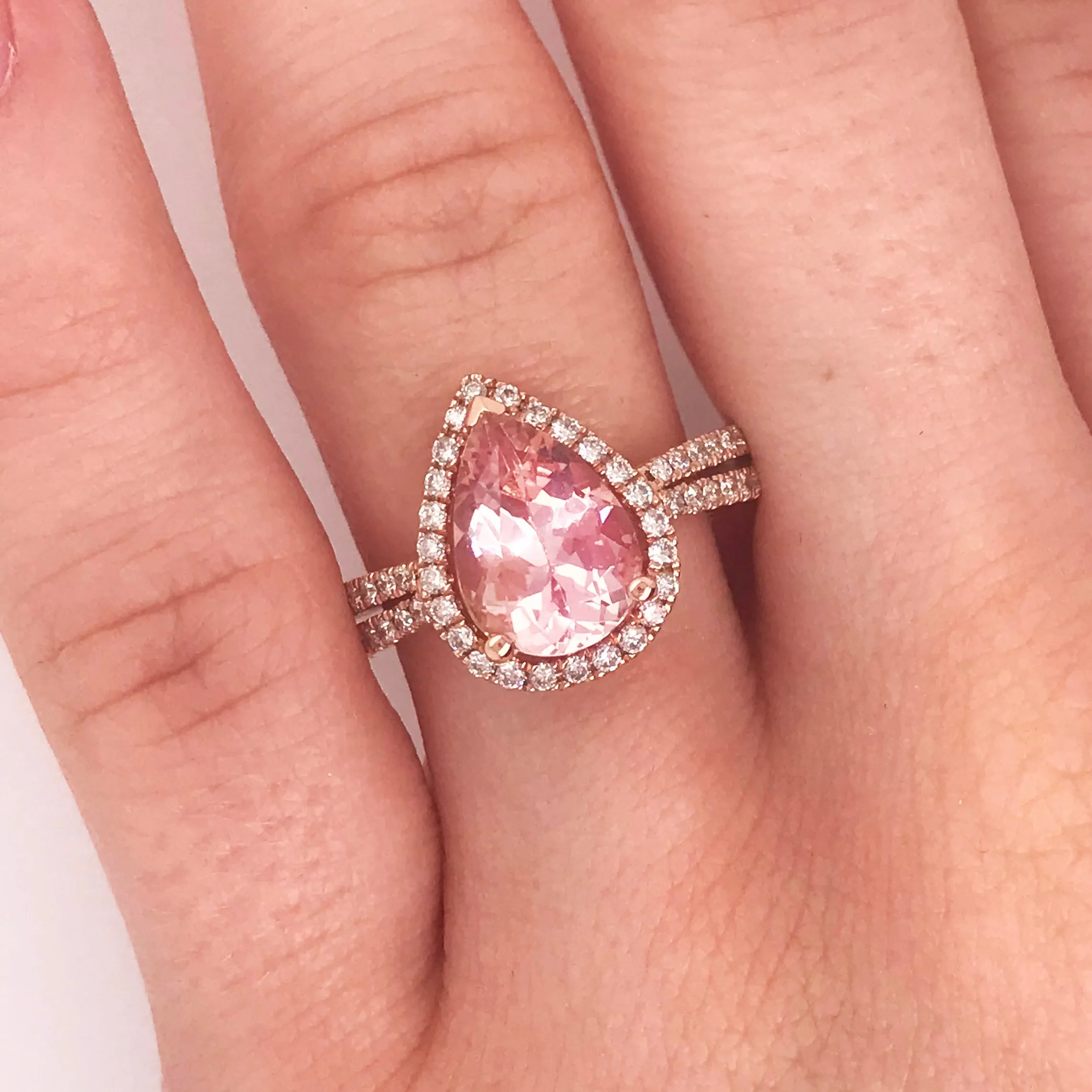 Pear Shaped Morganite and Diamond Halo Ring