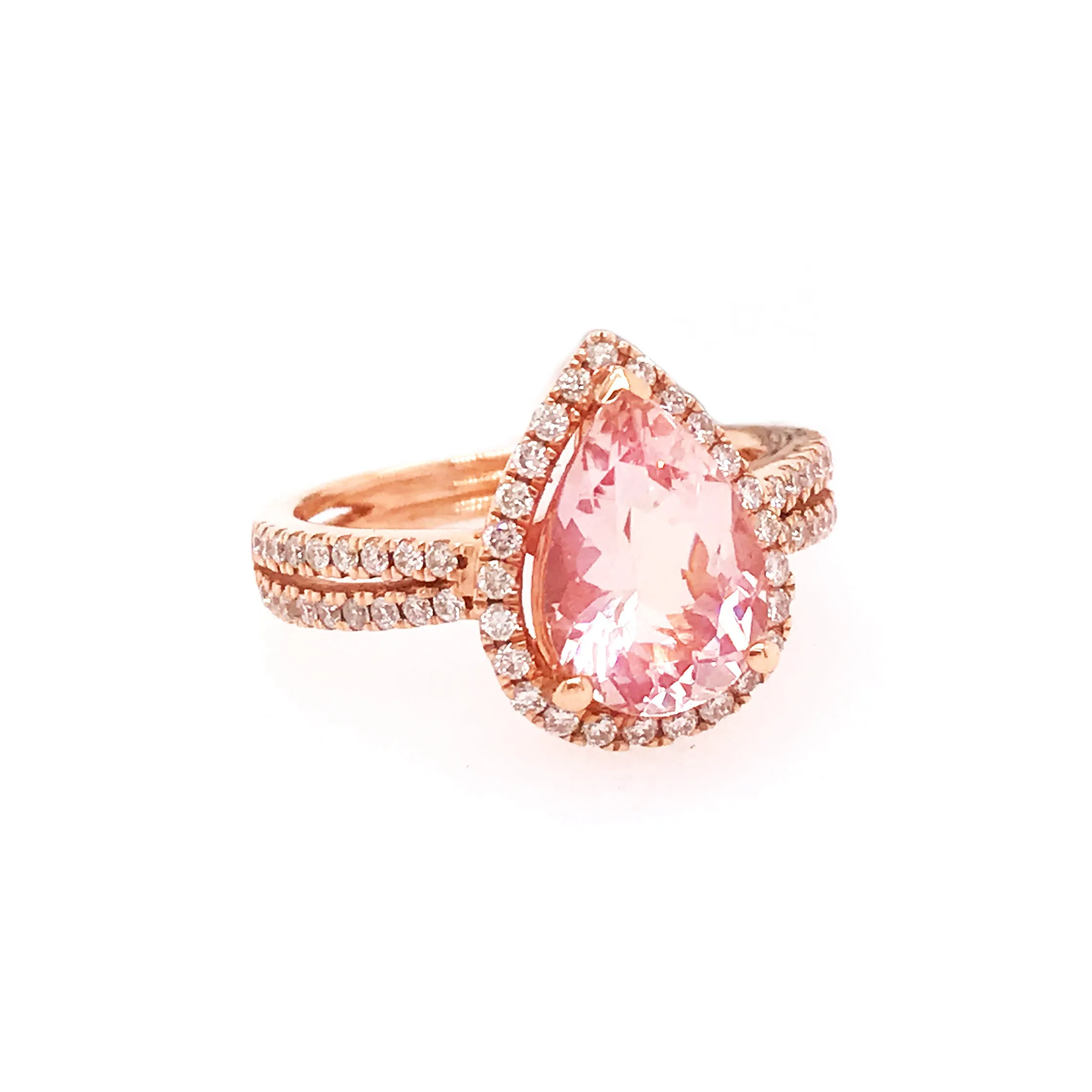 Pear Shaped Morganite and Diamond Halo Ring