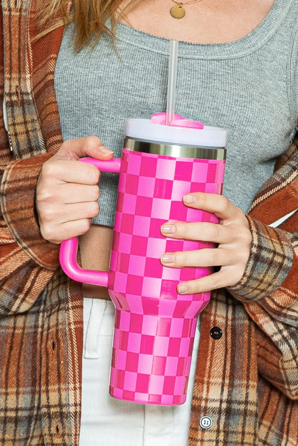 Pink Checkered Print Handled Stainless Steel Tumbler Cup