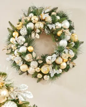 Pre-Lit Decorated Wreath, Silver/Champagne/Gold, 76 cm