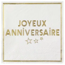 "Joyeux Anniversaire" Birthday Large Lunch Napkins, White and Gold, 10 Count