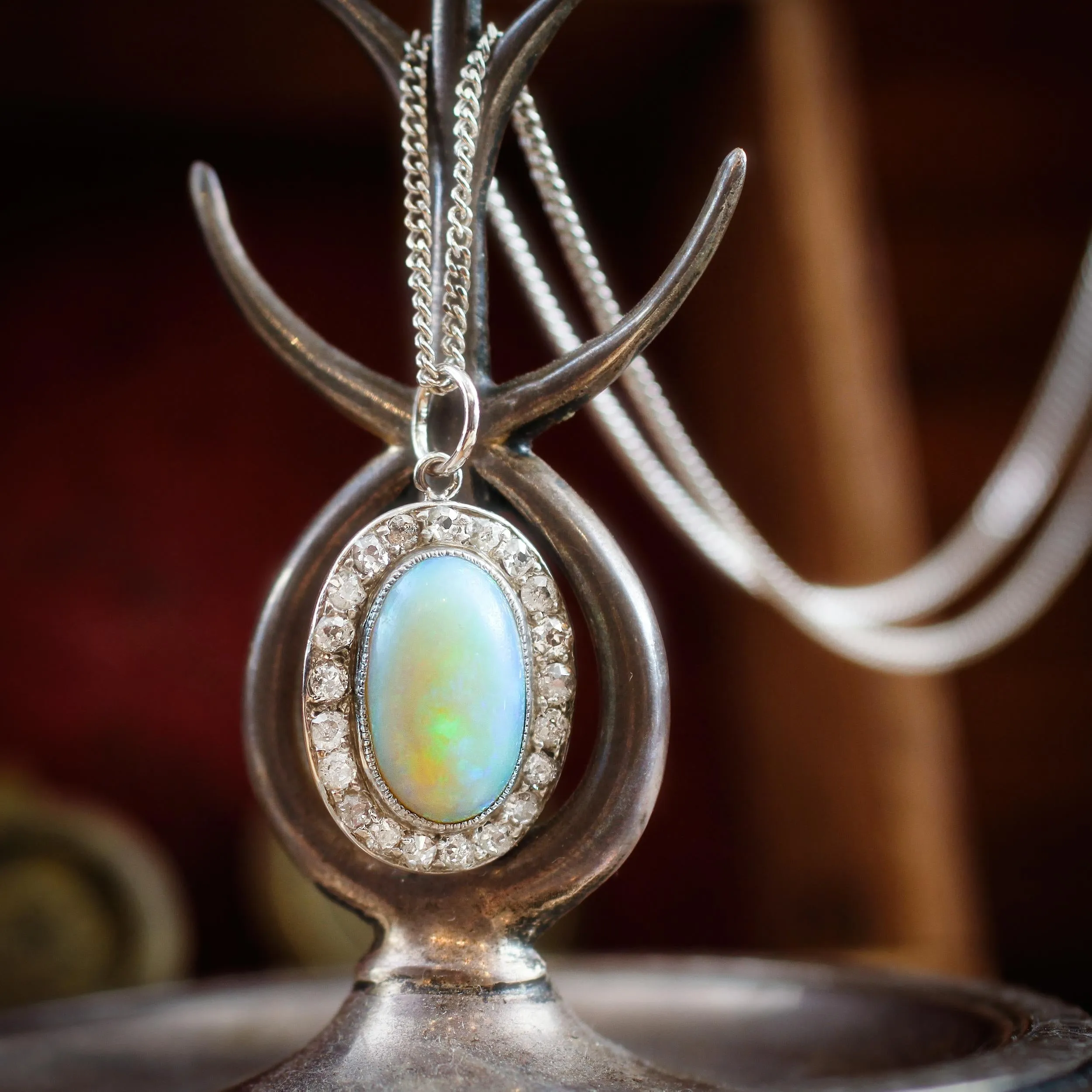 Rare Lovely! Vintage Crystal Opal and Diamond Cluster Pendant