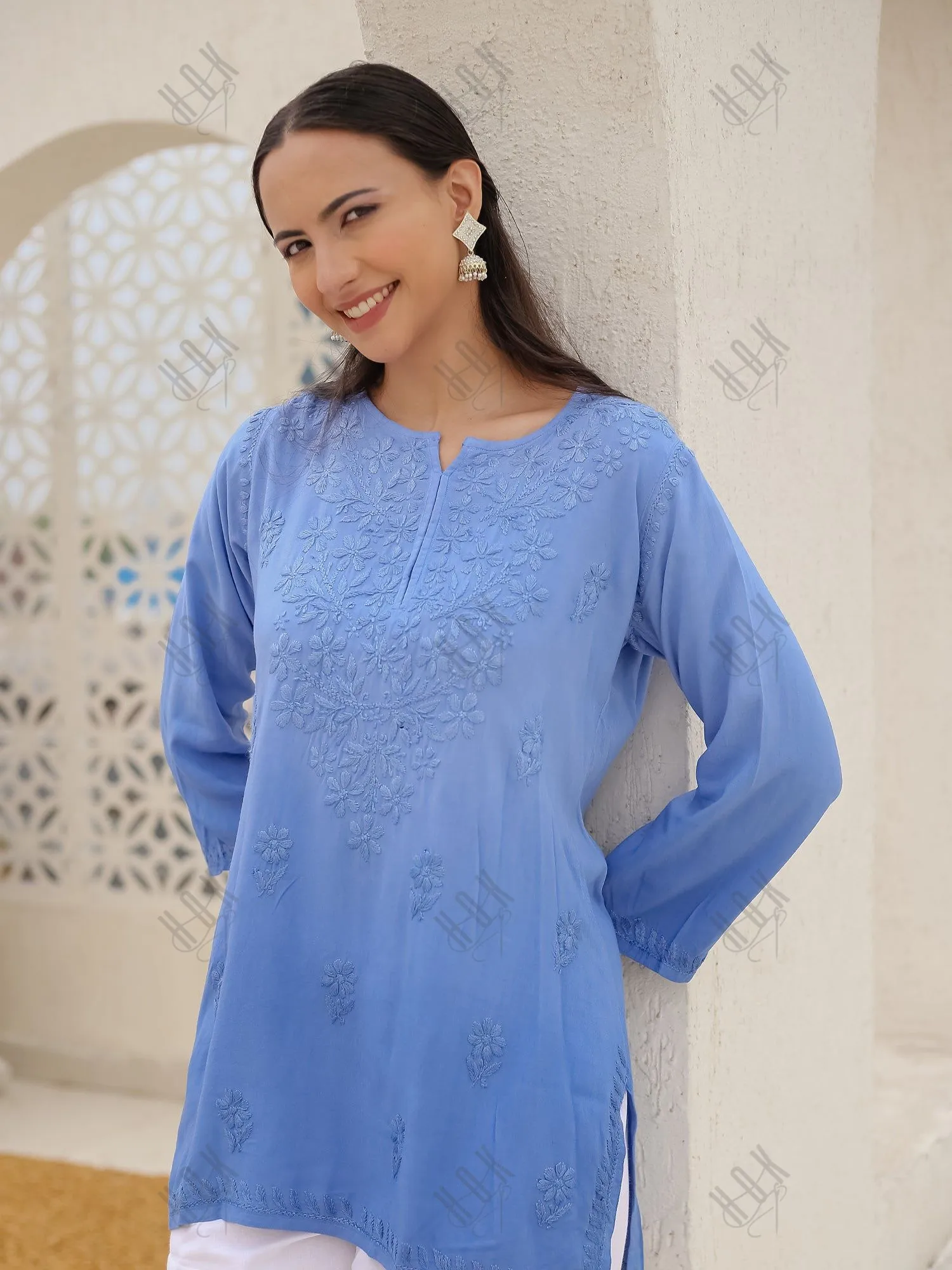 Saba Chikankari Short Kurta in Rayon cotton - Blue