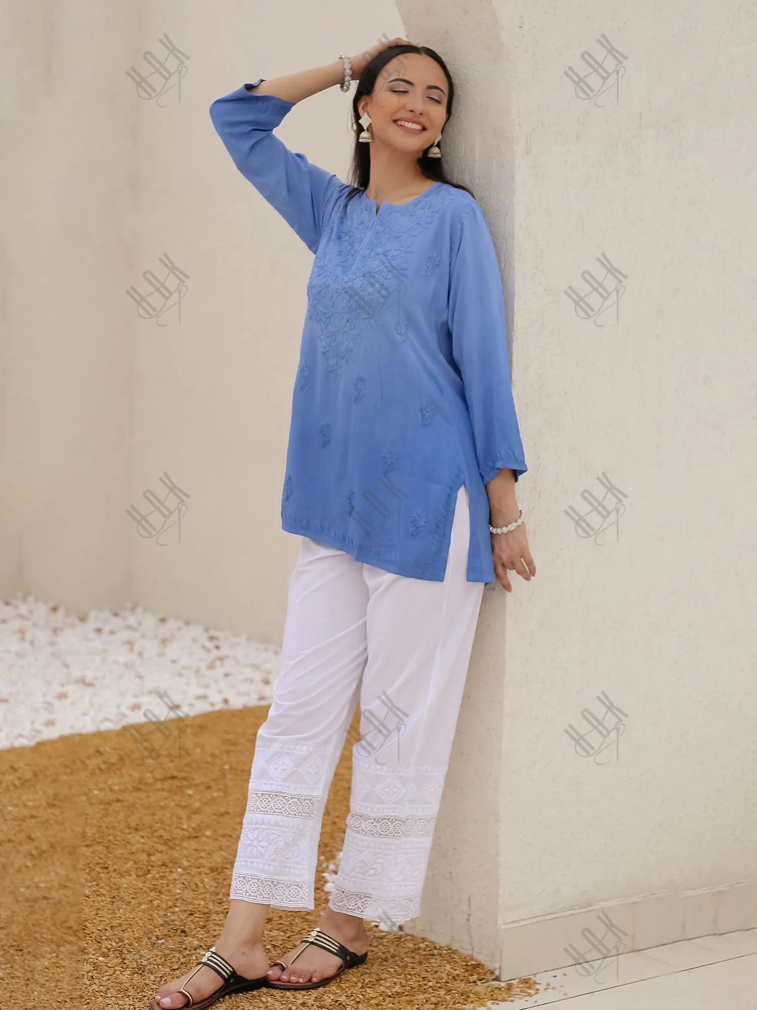 Saba Chikankari Short Kurta in Rayon cotton - Blue