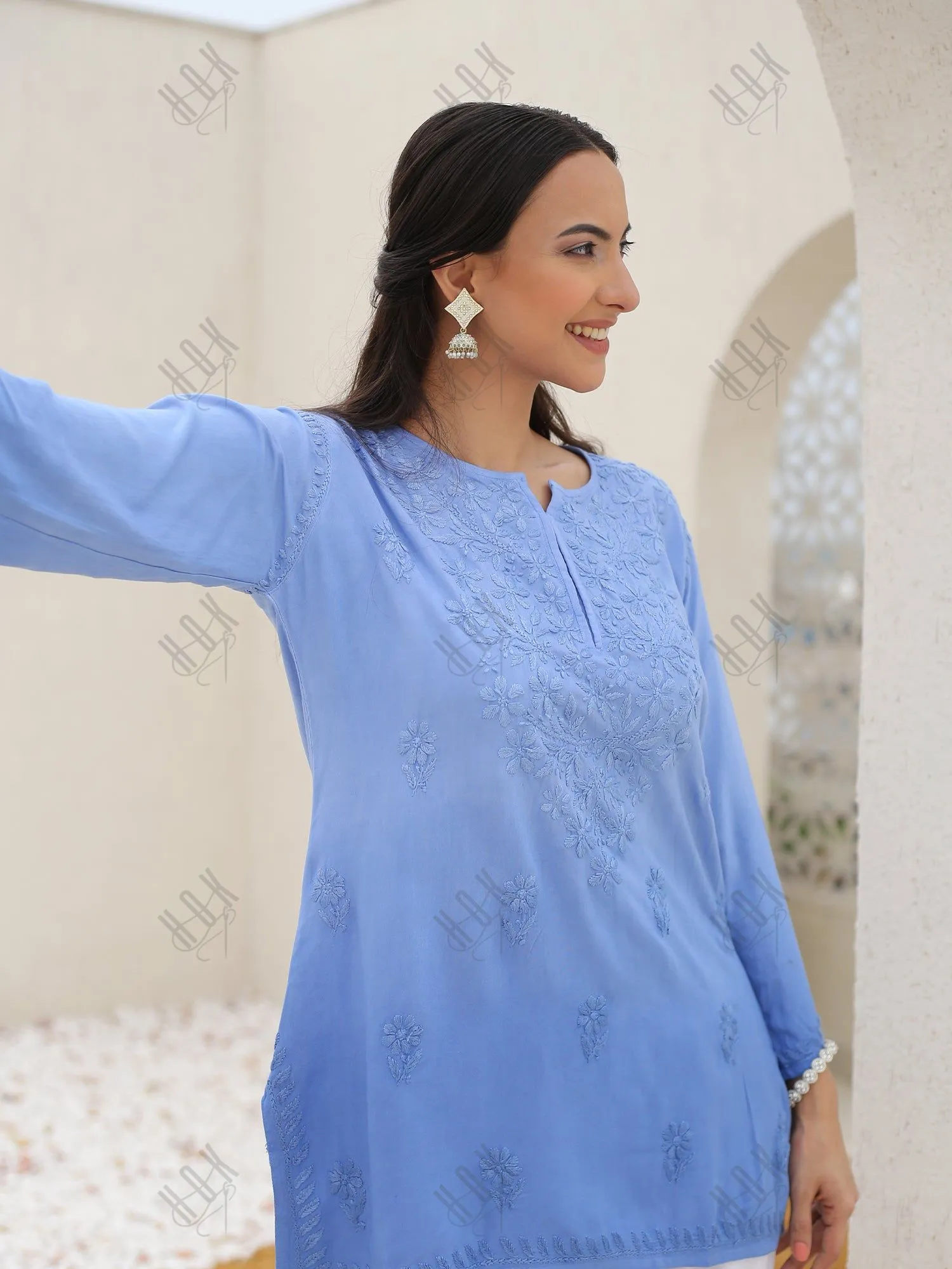 Saba Chikankari Short Kurta in Rayon cotton - Blue