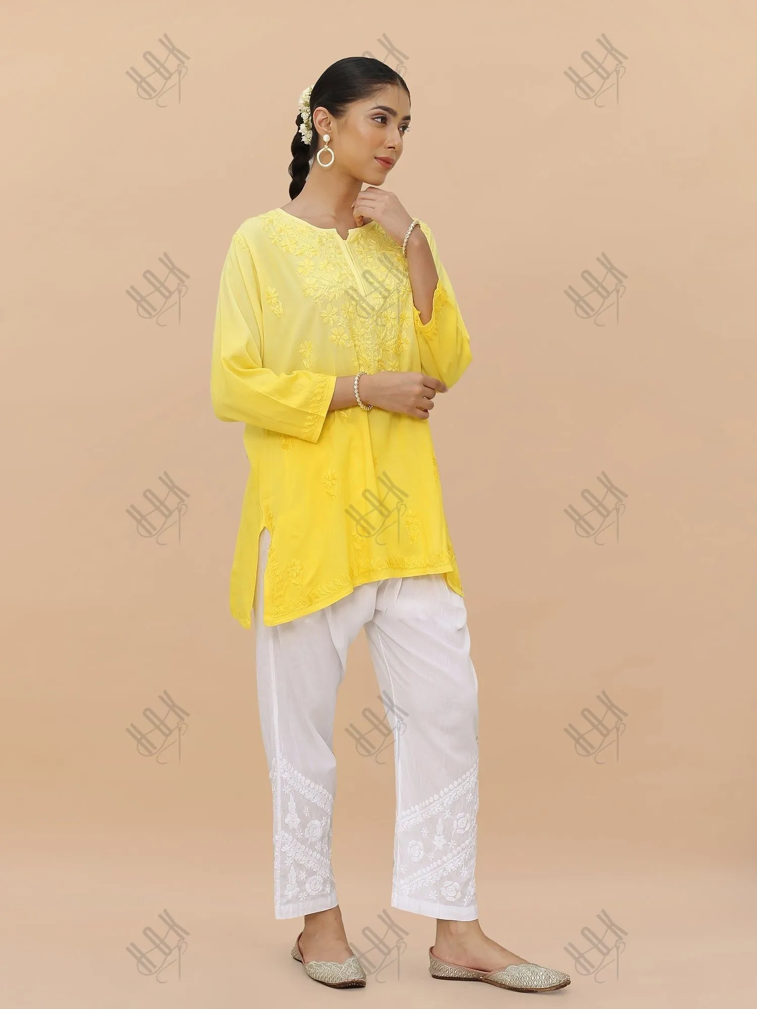 Saba Chikankari Short Kurta in Rayon cotton - Yellow