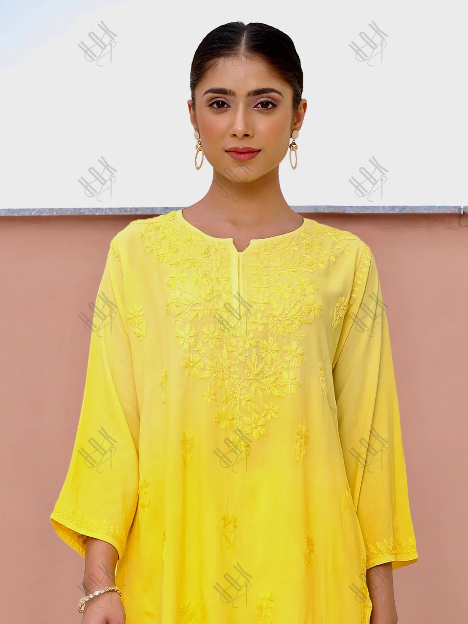 Saba Chikankari Short Kurta in Rayon cotton - Yellow