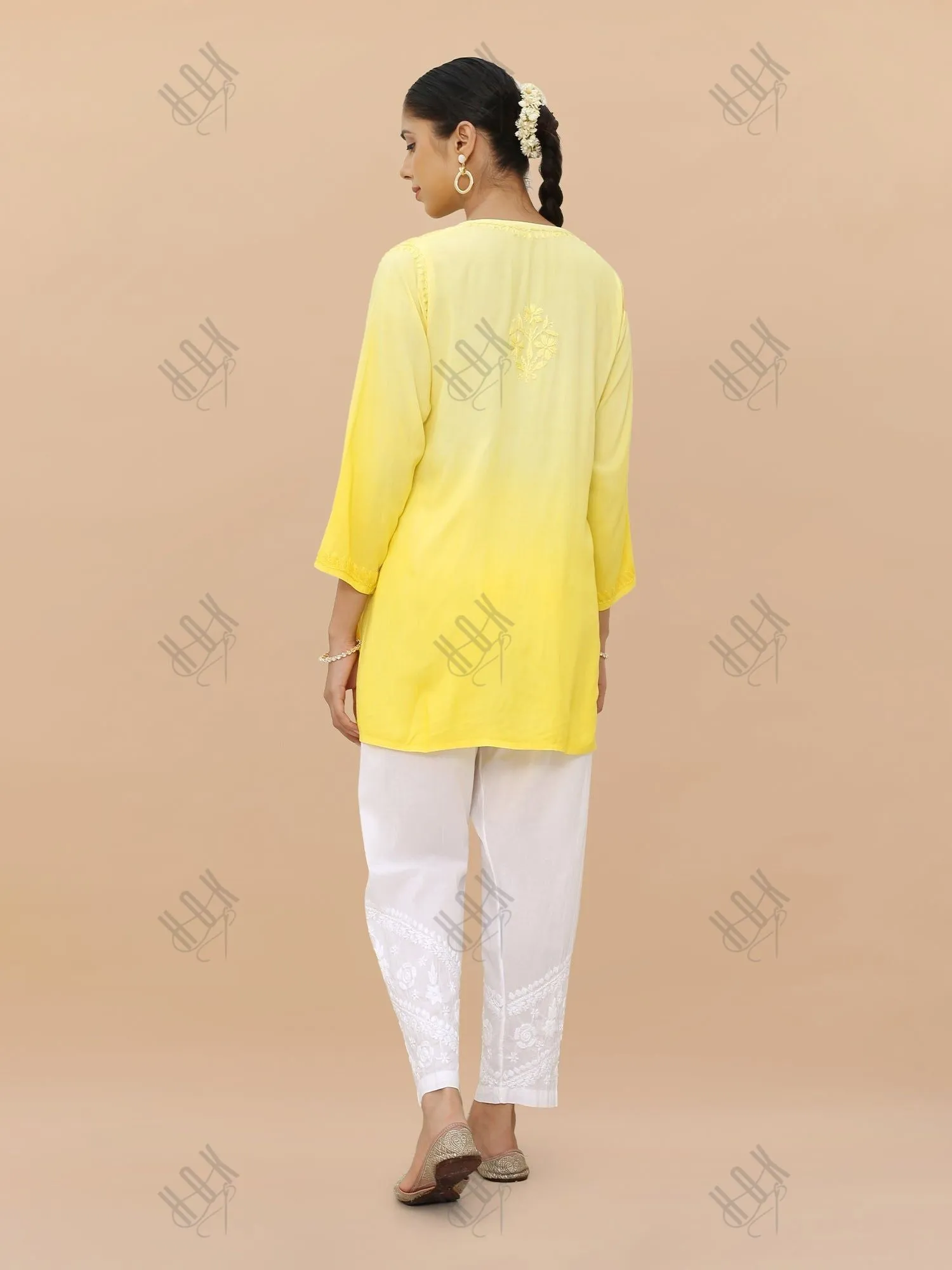 Saba Chikankari Short Kurta in Rayon cotton - Yellow