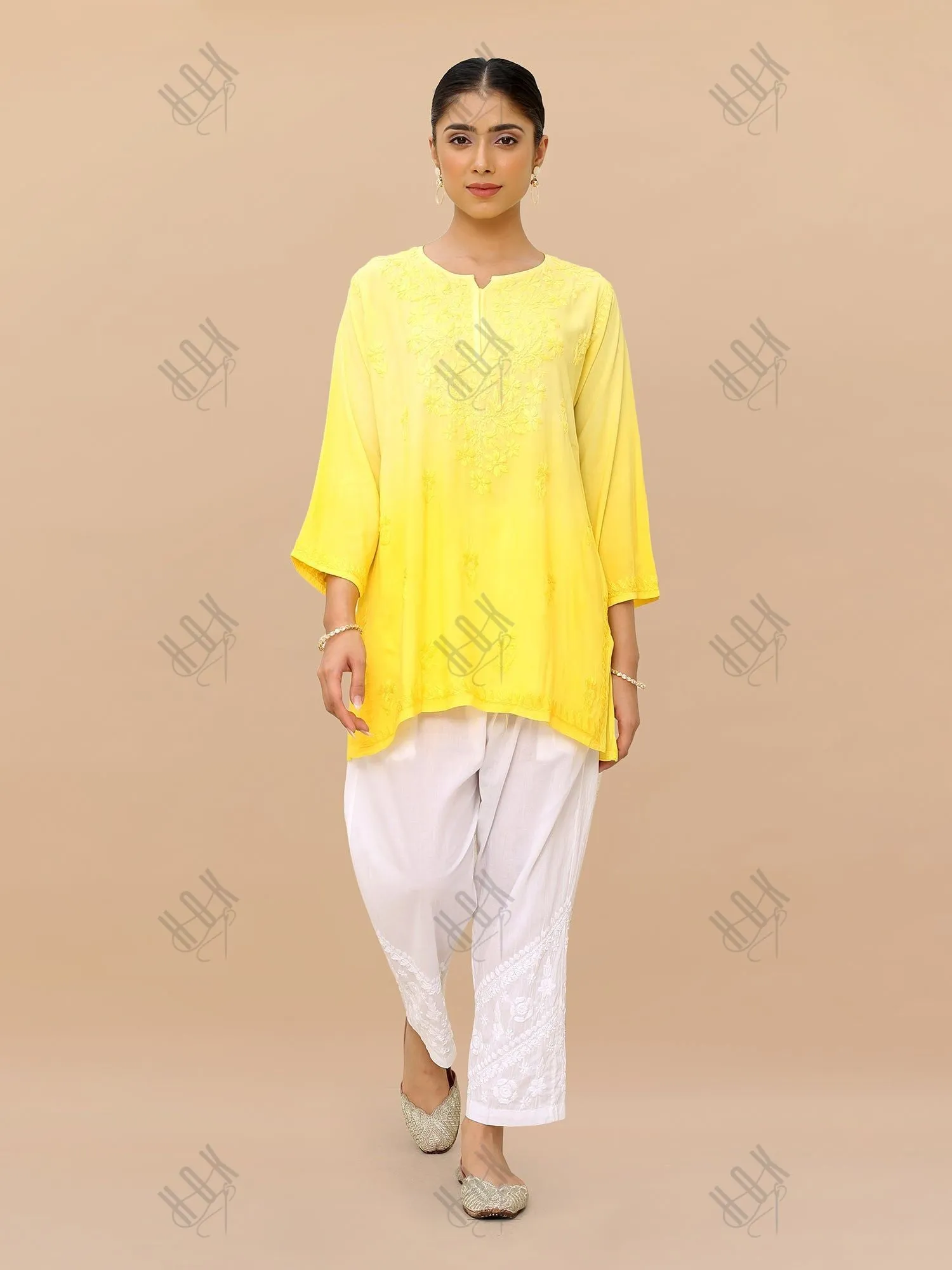 Saba Chikankari Short Kurta in Rayon cotton - Yellow