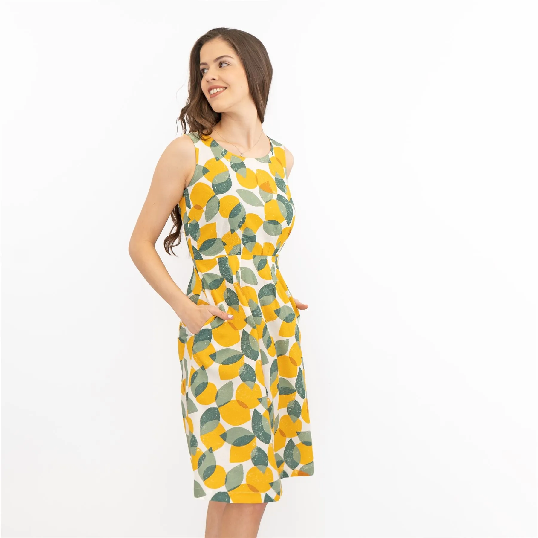 Seasalt Quick Sketch Lemon Lime Sleeveless Fit & Flare Dresses with Pockets (PETITE)