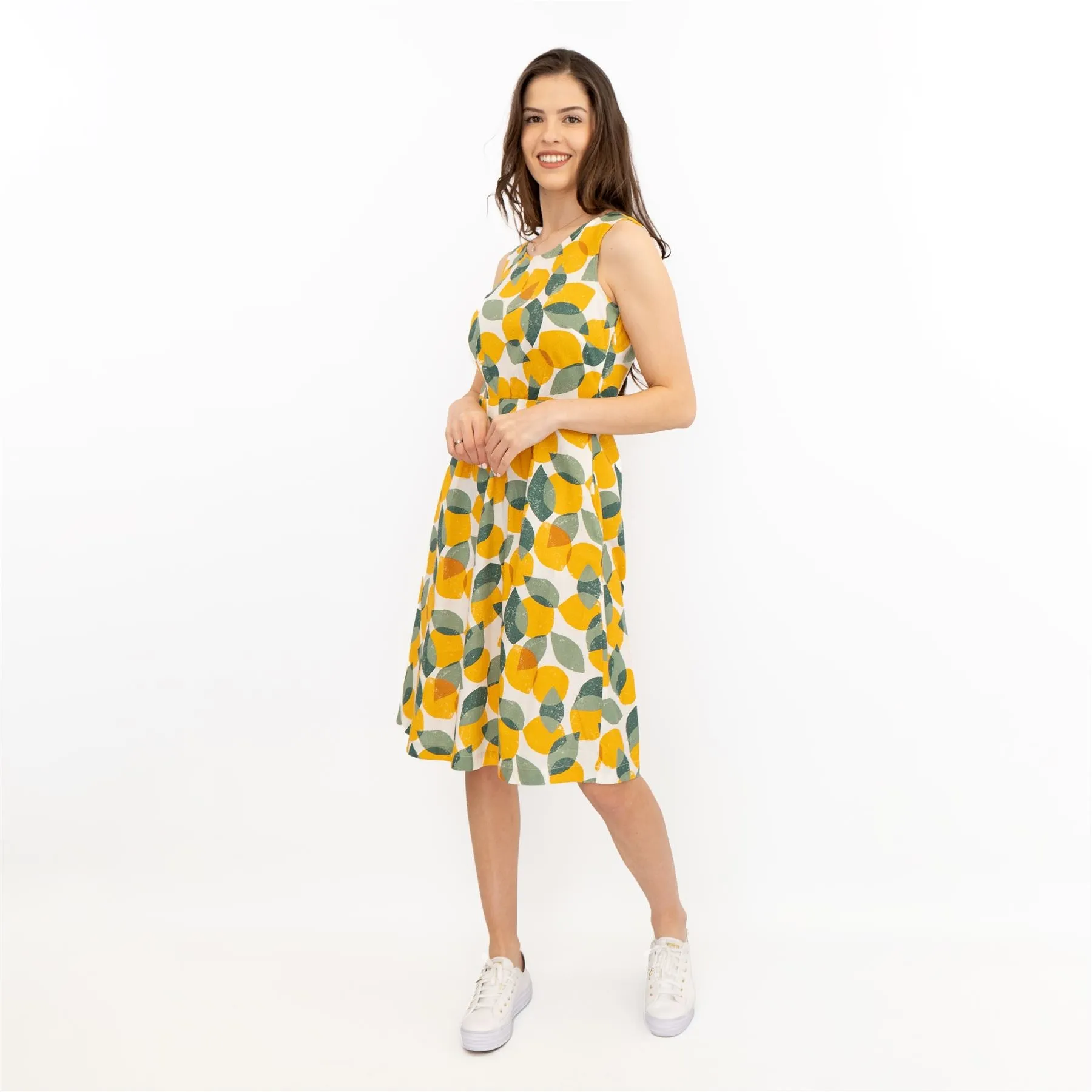 Seasalt Quick Sketch Lemon Lime Sleeveless Fit & Flare Dresses with Pockets (PETITE)