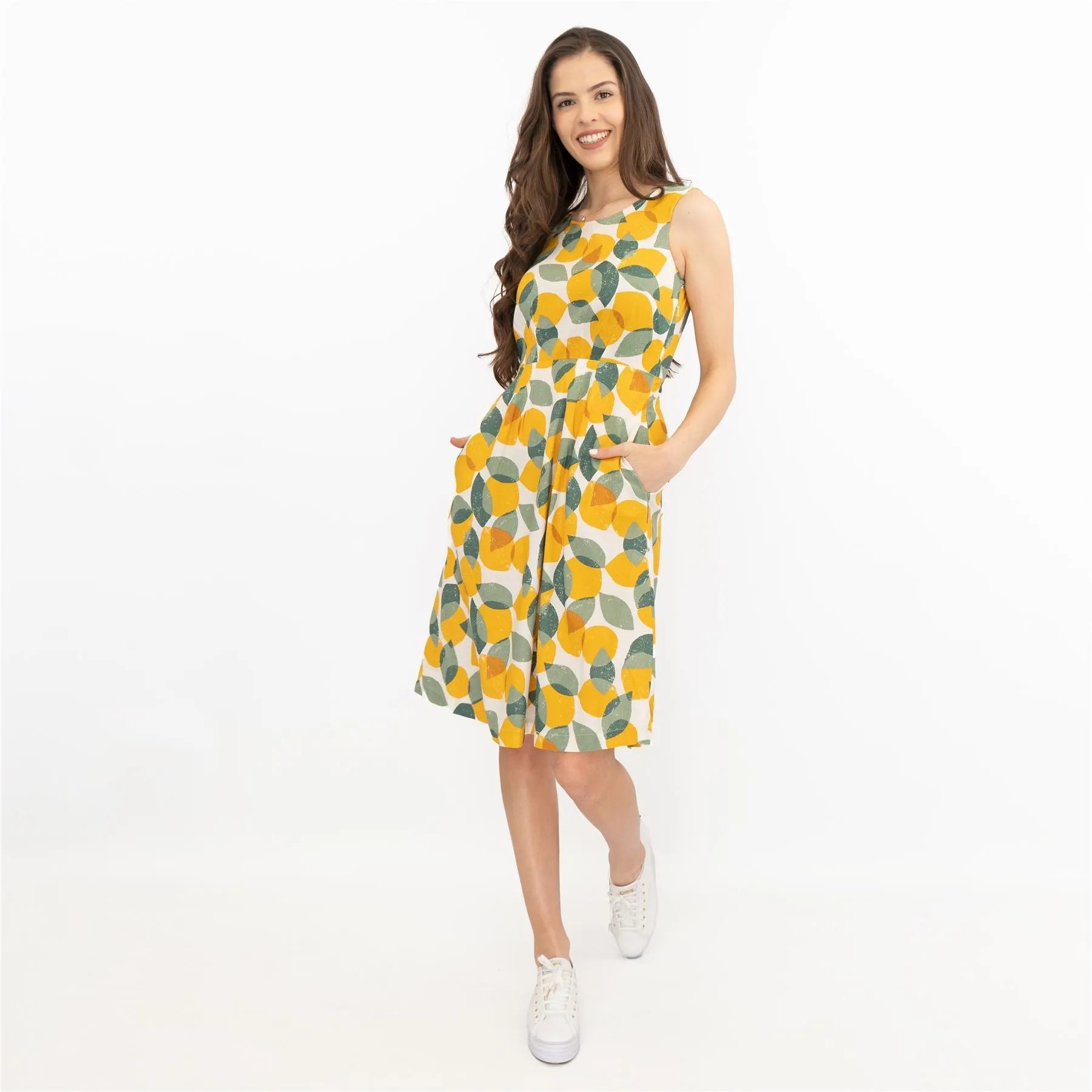 Seasalt Quick Sketch Lemon Lime Sleeveless Fit & Flare Dresses with Pockets (PETITE)