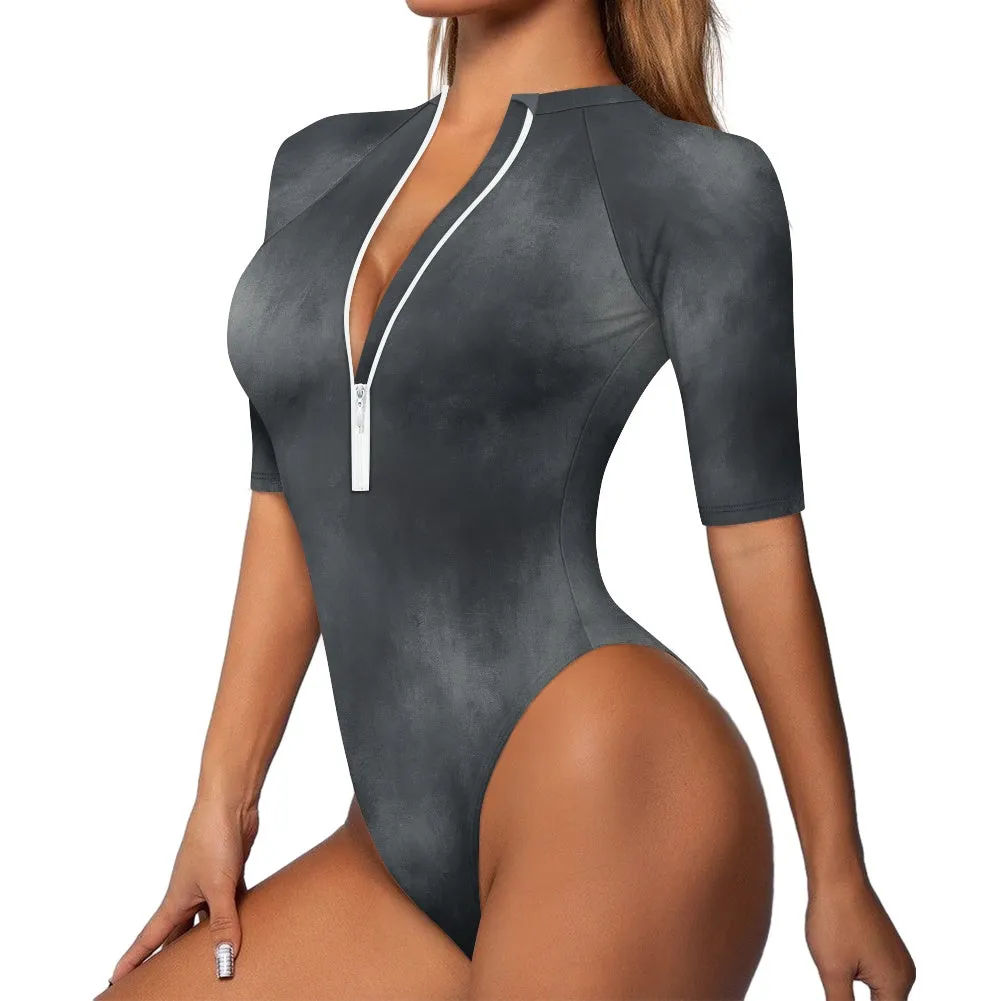 Vampire Art Half-sleeve Zipper Swimsuit - Grunge Distressed Grey