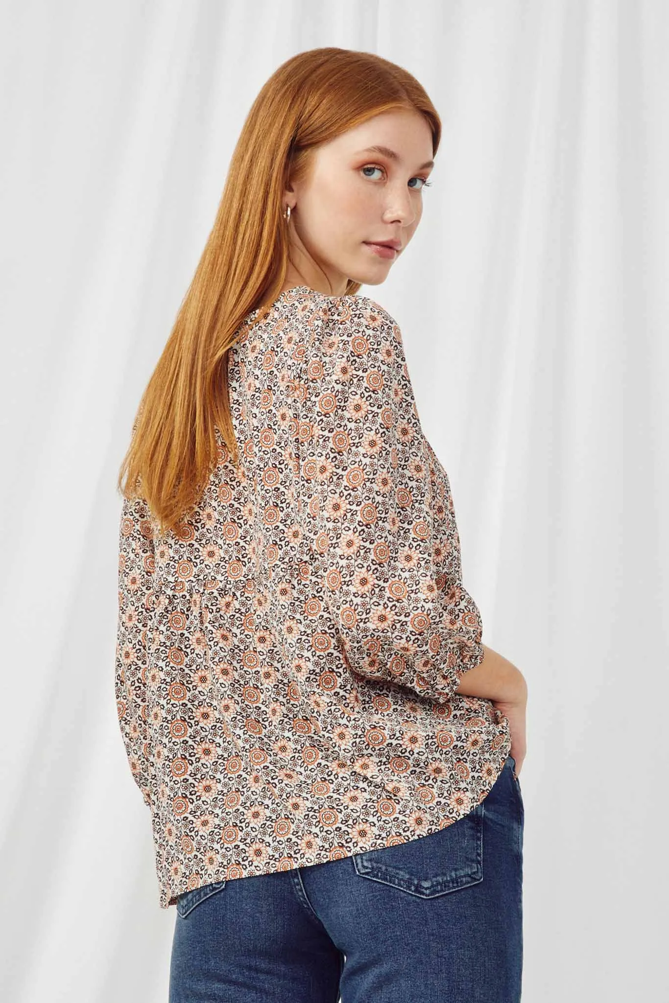 Womens Floral Printed Peasant Top