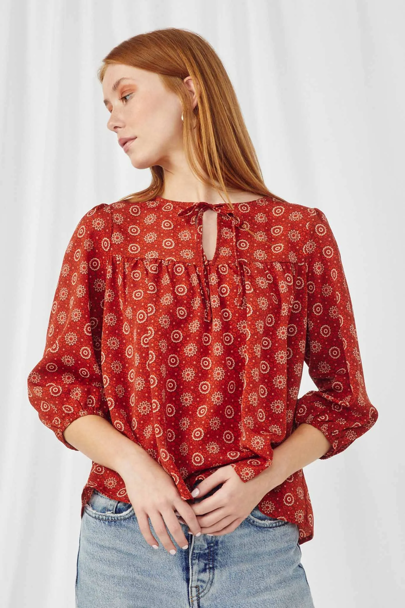 Womens Floral Printed Peasant Top