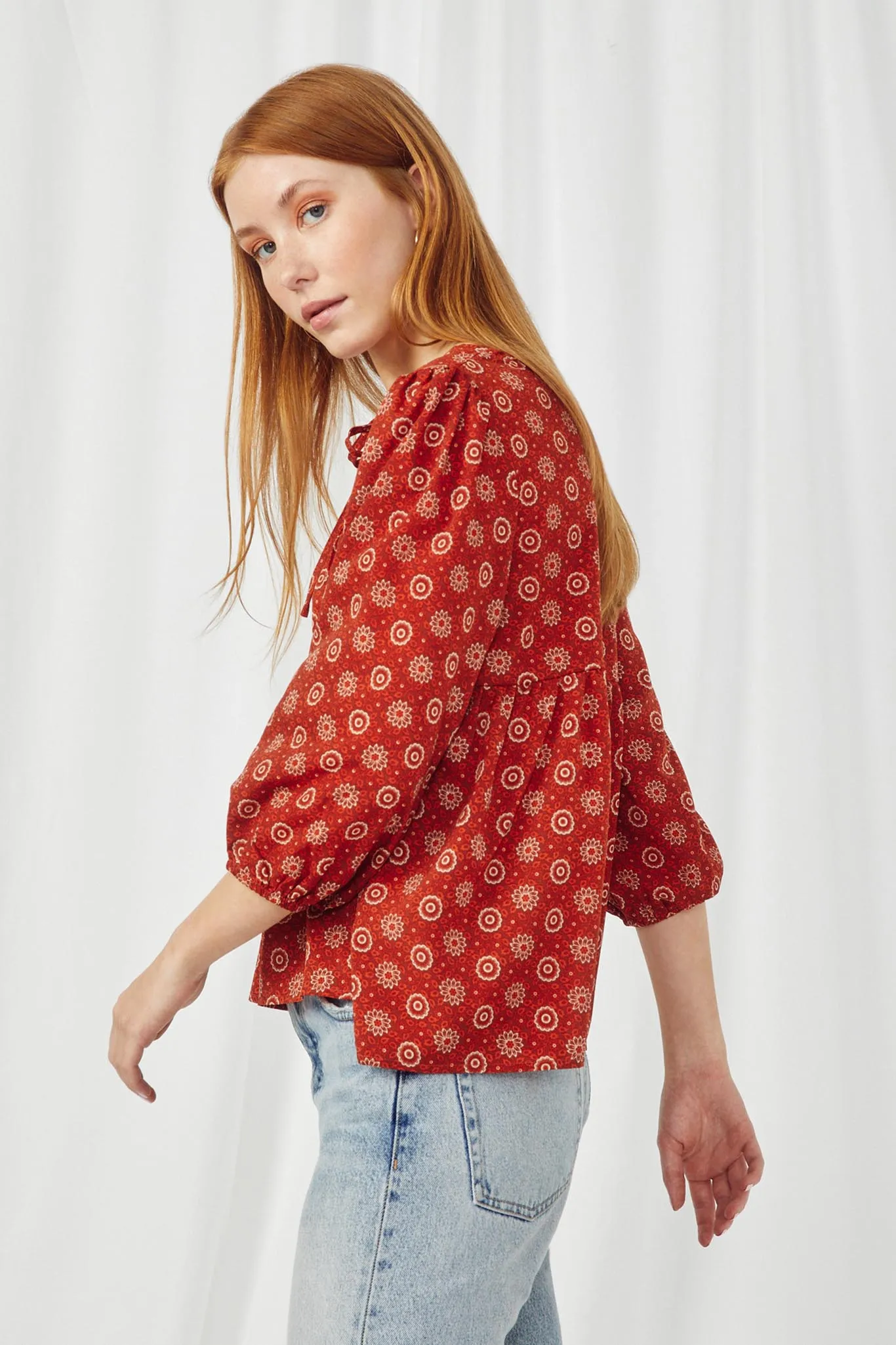 Womens Floral Printed Peasant Top