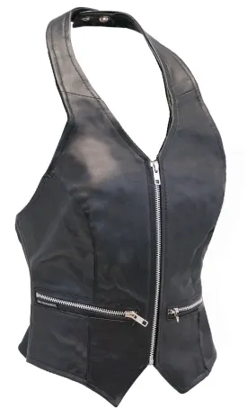 Zip Front Black Leather Halter Vest #LH5231ZK ()